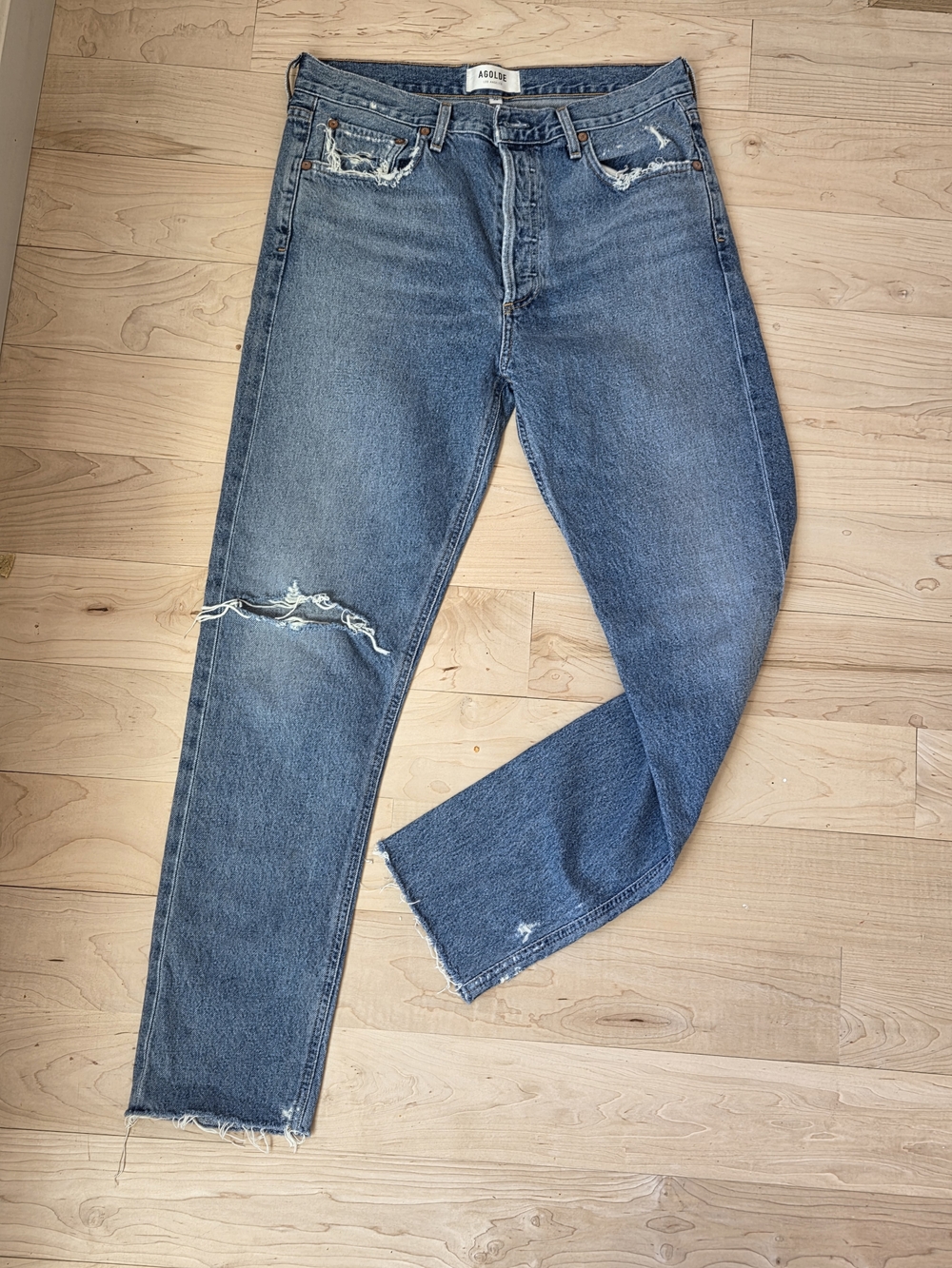 Agolde Women's Size 28 Blue Distressed Slim Straight Jeans High Waist
